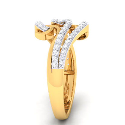 Yellow gold sculptural diamond scroll ring close-up