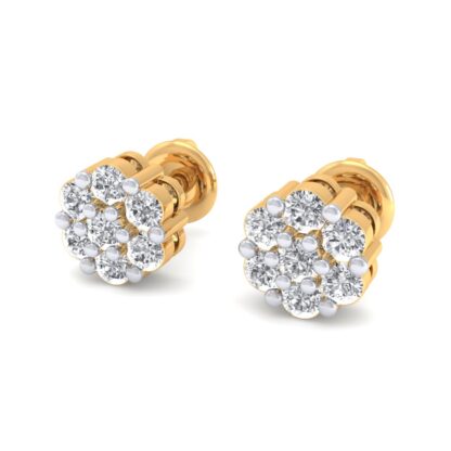 Front view of yellow gold illusion-set diamond flower stud earrings