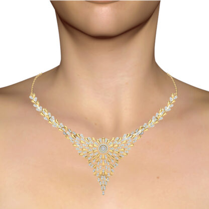 Yellow gold diamond sunburst statement necklace worn on a model's neckline