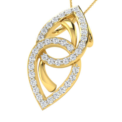 Front view of yellow gold pendant with interlocking oval loops in diamonds
