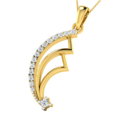 Front view of yellow gold fan pendant with a diamond line ending in a solitaire