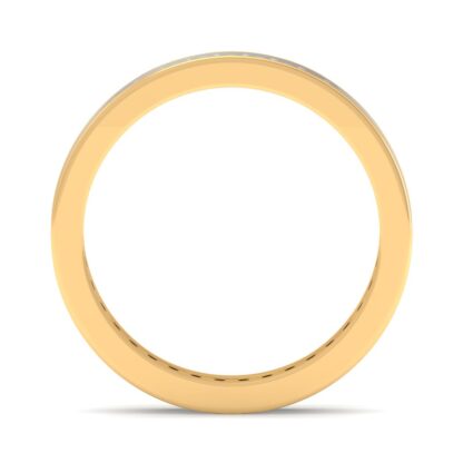 Through-finger view of yellow gold center-set diamond eternity ring showing the band profile
