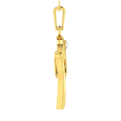 Close-up of yellow gold Om pendant showing the diamond solitaire accent
