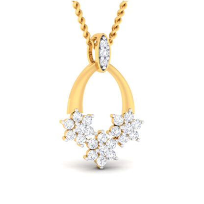 Side profile of yellow gold diamond floral pendant showing the oval frame