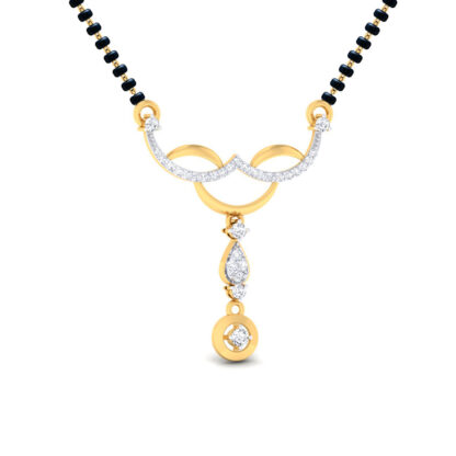 Front view of yellow gold mangalsutra with a tiered diamond drop below a double arch