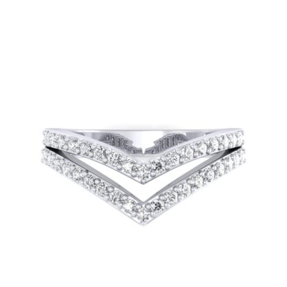 Straight-on front view of white gold double V chevron pave diamond ring