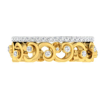 Front view of yellow gold band of open scrolls with bezel-set diamonds and a pave diamond top edge