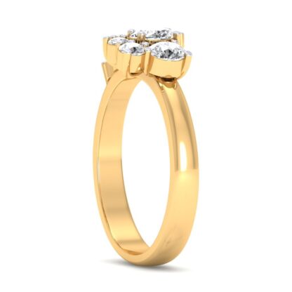 Side view of yellow gold asymmetric diamond cluster ring showing the band depth and setting