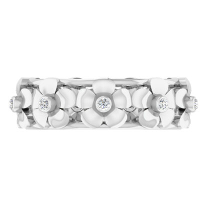 Front view of white gold band with five-petal flowers each set with a bezel diamond center