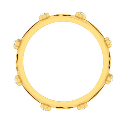 Top-down view of yellow gold band showing bezel-set diamonds spaced around the ring