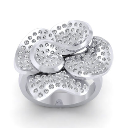 Front view of white gold diamond petal flower ring showing the layered petals above the band