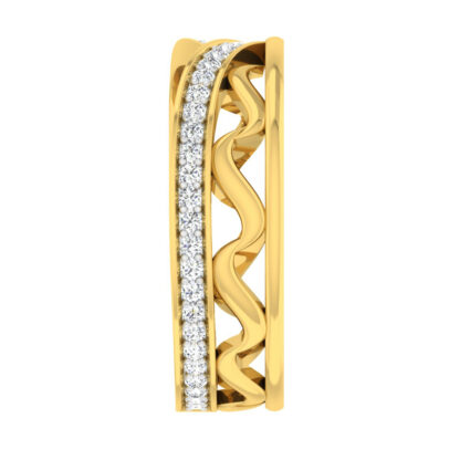 Yellow gold diamond wave lattice band ring close-up