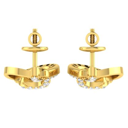 Close-up of yellow gold earrings showing the twisted diamond ribbon detail