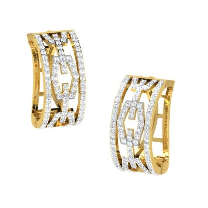Angled view of yellow gold lattice hoop earrings showing the zigzag detail