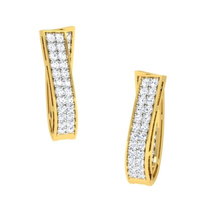 Front view of yellow gold twisted hoop earrings with two rows of pave diamonds