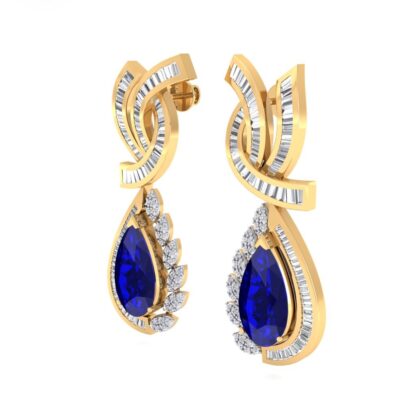 Close-up of yellow gold earrings showing the diamond leaf border detail