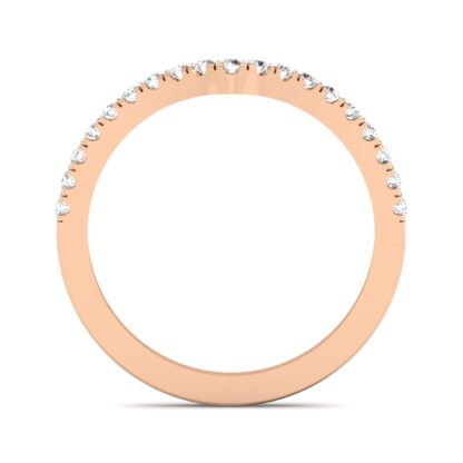 Through-finger view of rose gold V contour pave diamond half eternity ring showing the band profile