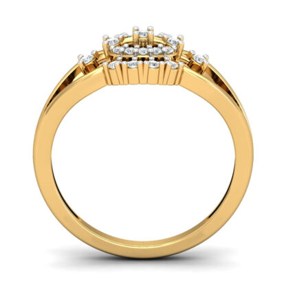 Perspective view of yellow gold oval diamond double halo ring