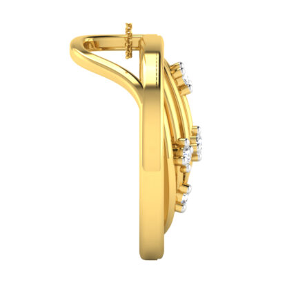 Close-up of yellow gold ribbed circle pendant showing the diamond edge
