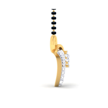 Angled view of yellow gold mangalsutra pendant showing the starburst detail