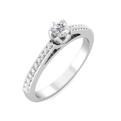 Perspective view of white gold solitaire ring with a rose-style petal setting and pave diamond shoulders