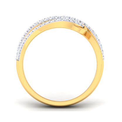 Side view of yellow gold sculptural diamond scroll ring