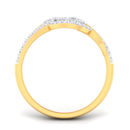 Side view of yellow gold twin diamond spiral swirl ring