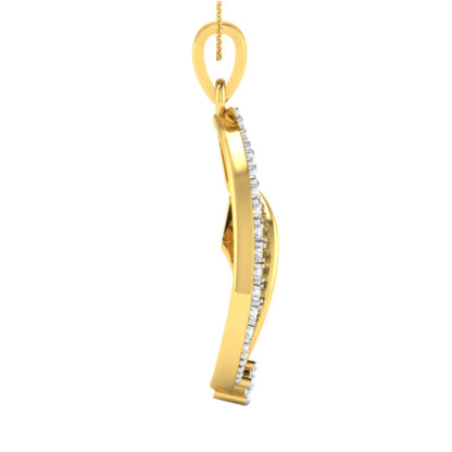 Close-up of yellow gold fan pendant showing the diamond solitaire tip