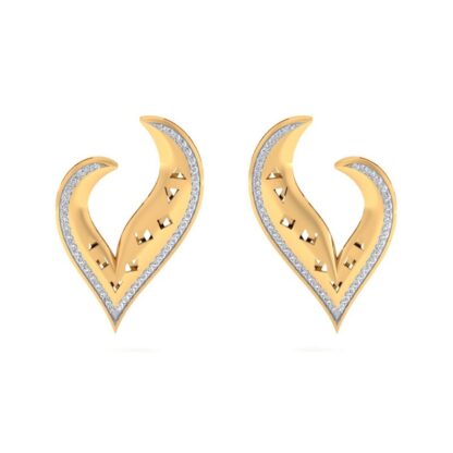 Front view of yellow gold heart stud earrings with a pave diamond edge