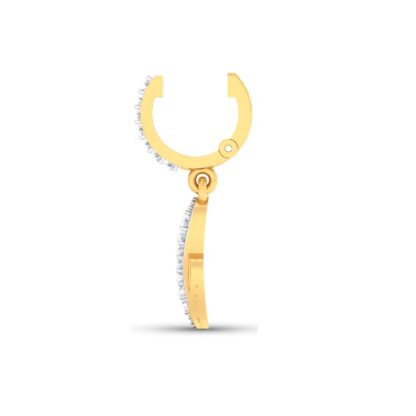 Close-up of yellow gold leaf charm earrings showing the diamond line detail