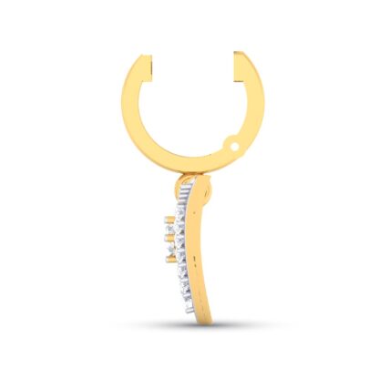 Close-up of yellow gold chevron charm earrings showing the diamond starburst