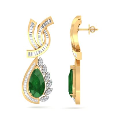 Front view of yellow gold drop earrings with a pear emerald and diamond leaf border