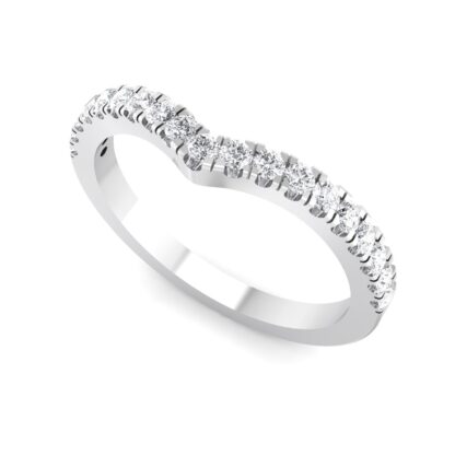Perspective view of white gold or platinum V contour pave diamond half eternity ring