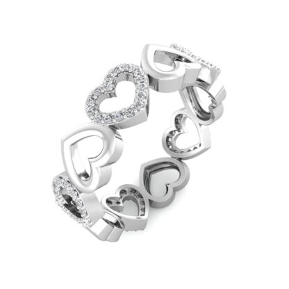 Perspective view of white gold band of open hearts alternating pave diamond hearts and plain hearts