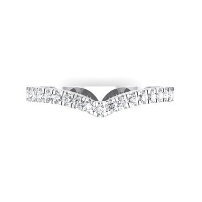 Front view of white gold or platinum V contour pave diamond half eternity ring