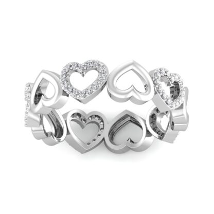Front view of white gold open heart eternity band with pave-set diamond hearts