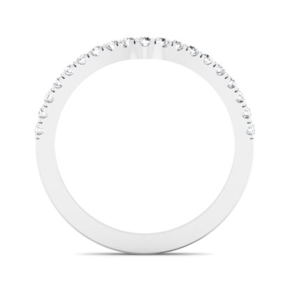 Through-finger view of white gold or platinum V contour pave diamond half eternity ring showing the band profile