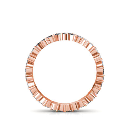Through-finger view of rose gold marquise diamond leaf eternity band showing the band profile