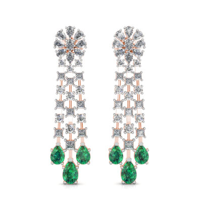 Front view of rose gold emerald diamond chandelier earrings