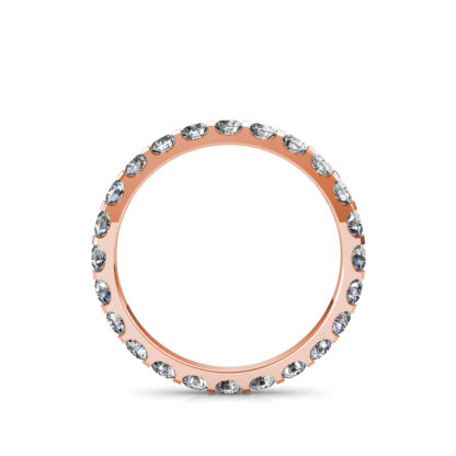 Through-finger view of rose gold bar-set diamond full eternity band showing the band profile