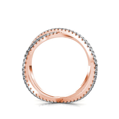 Through-finger view of rose gold diamond criss-cross X ring showing the band profile