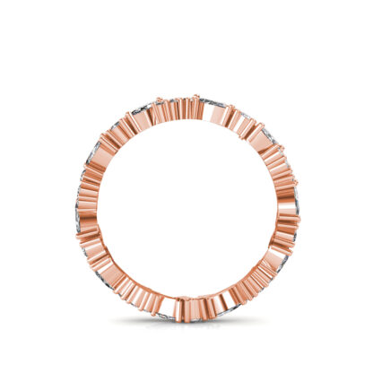 Through-finger view of rose gold marquise and round diamond cluster eternity band showing the band profile
