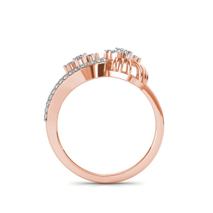 Through-finger view of rose gold floral cluster bypass diamond cocktail ring showing the band profile