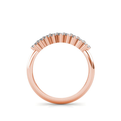 Through-finger view of rose gold two row diamond cluster band showing the band profile