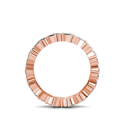 Through-finger view of rose gold double row marquise diamond leaf eternity band showing the band profile