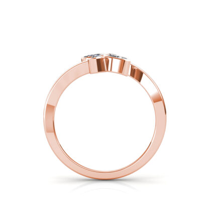 Through-finger view of rose gold marquise diamond twin leaf bypass ring showing the band profile
