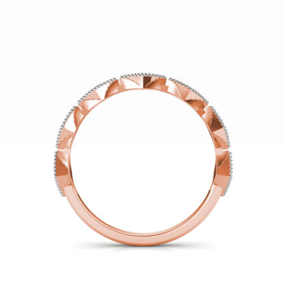Through-finger view of rose gold milgrain kite frame diamond stacking band showing the band profile
