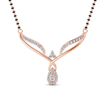 Front view of rose gold crossed leaf diamond drop mangalsutra pendant