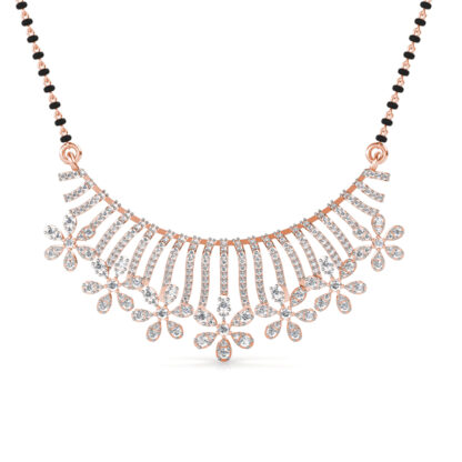 Front view of rose gold diamond sunburst fan mangalsutra pendant