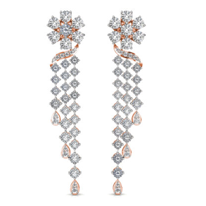 Front view of rose gold diamond flower tassel drop earrings